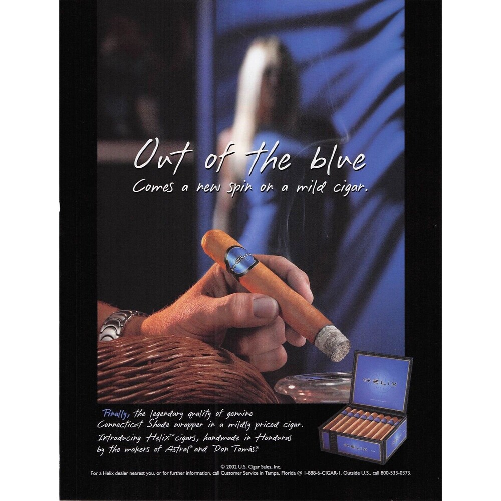 2002 Vintage Helix Cigars Print Ad Out of the Blue Cigar blonde woman man cave